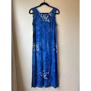 Island Stuff Blue Batik Dolphin Maxi Dress Tie Back Size L